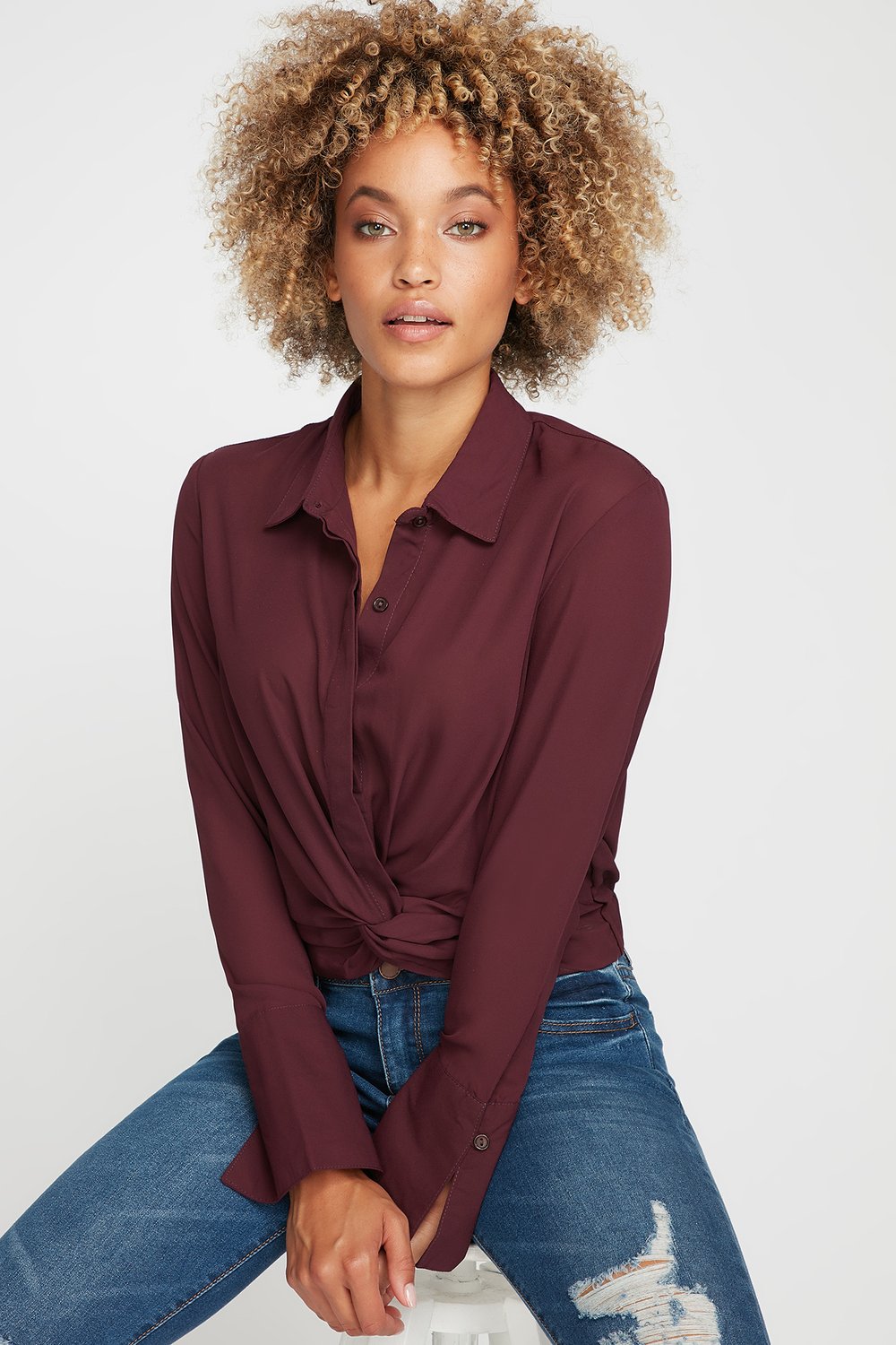 women front-knot cropped button-up