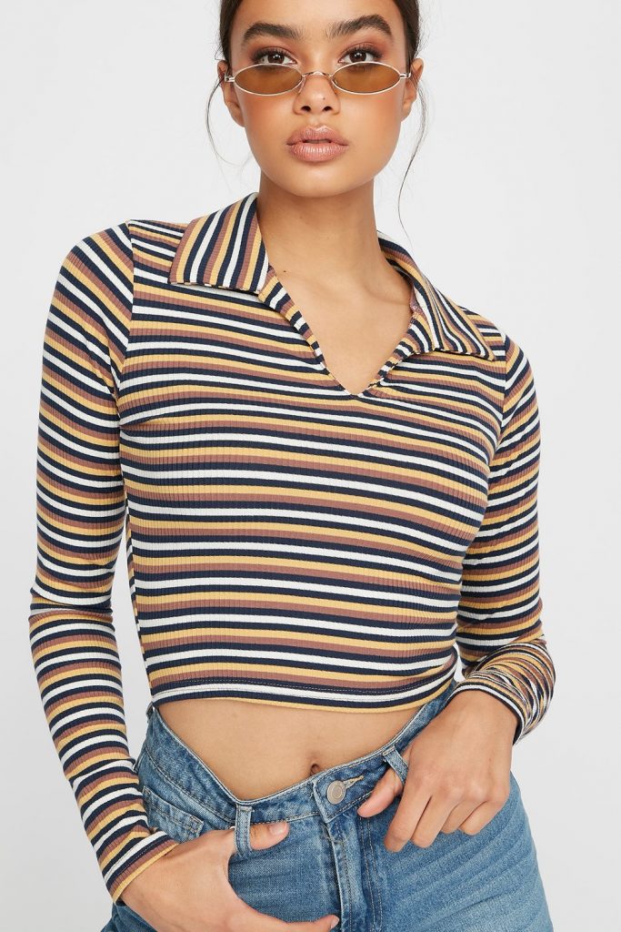 striped collared cropped long sleeve