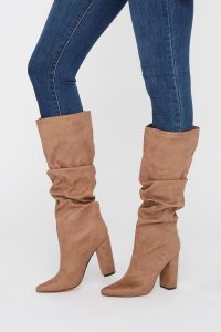 ruched heel knee high boot